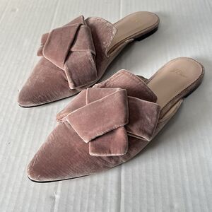 J.Crew Sz 10.5 Marina Slider Flat Mules Pink Velvet Slip On Leather Flats W/ Bow